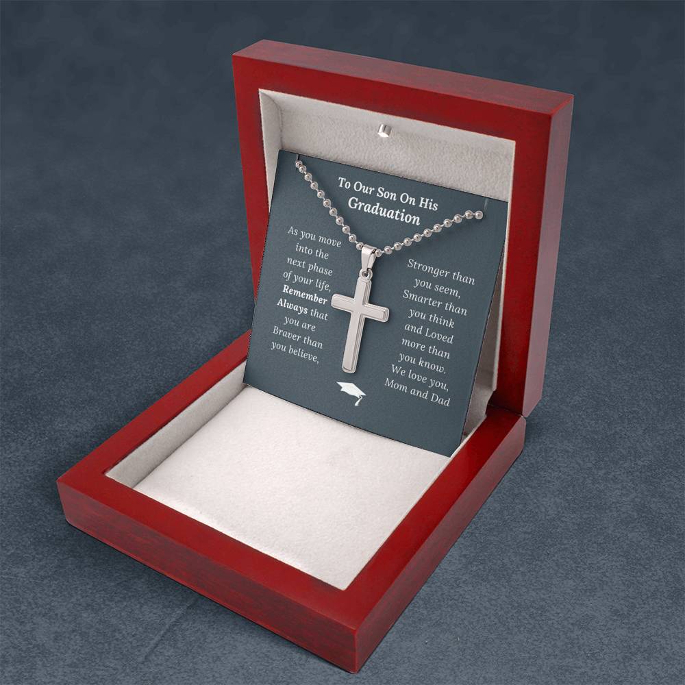 Graduation Gift for Son Love Mom & Dad - Artisan Crafted Cross Necklace - Ball Chain